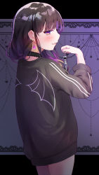 Rule 34 | 1girl, black choker, black hair, black shirt, blush, choker, copyright request, earrings, hand up, highres, holding, jewelry, letterboxed, long hair, long sleeves, multicolored hair, open mouth, profile, purple eyes, purple hair, shirt, solo, streaked hair, tomozero, virtual youtuber