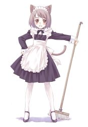 Rule 34 | 1girl, animal ears, broom, cat ears, cat tail, high heels, maid, mary janes, mop, nyaou, original, pantyhose, shoes, solo, tail, white pantyhose