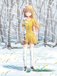 Rule 34 | 1girl, aposine, bad id, bad tumblr id, blonde hair, blue eyes, collarbone, commentary, dress, english commentary, flower, forest, frown, full body, highres, long hair, looking at viewer, nature, original, shoes, short dress, short sleeves, snow, snowflakes, snowing, solo, standing, thighhighs, tree, white thighhighs, wind, yellow dress