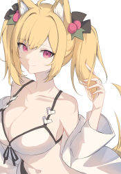 Rule 34 | 1girl, animal ears, arknights, bare shoulders, bikini, black ribbon, blonde hair, breasts, cleavage, closed mouth, collarbone, front-tie bikini top, front-tie top, highres, jacket, large breasts, long hair, long sleeves, looking at viewer, nagute, navel, official alternate costume, open clothes, open jacket, purple eyes, ribbon, simple background, smile, solo, sora (arknights), sora (summer flowers) (arknights), swimsuit, tail, twintails, upper body, white background, white bikini, white jacket, wolf ears, wolf girl, wolf tail