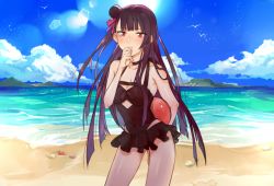 Rule 34 | 1girl, ball, beach, beachball, blue sky, blush, breasts, cleavage, cloud, cloudy sky, commentary request, day, girls&#039; frontline, hair ribbon, island kahuna, long hair, looking at viewer, medium breasts, ocean, purple hair, red eyes, ribbon, sky, solo, standing, swimsuit, wa2000 (girls&#039; frontline), yichuan