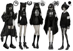 Rule 34 | 5girls, :d, ankle boots, armband, black coat, black necktie, black sweater, boots, bow, closed mouth, coat, greyscale, hair bow, hair over eyes, high-waist skirt, high heel boots, high heels, highres, loafers, long hair, long sleeves, looking at viewer, mask, miniskirt, monochrome, mouth hold, mouth mask, multiple girls, narue, neck ribbon, necktie, open mouth, original, pantyhose, pleated skirt, ribbon, shirt, shoes, simple background, skirt, smile, socks, socks over pantyhose, standing, sweater, thighhighs, torn clothes, torn legwear, twintails, white background, white necktie, white shirt, zettai ryouiki