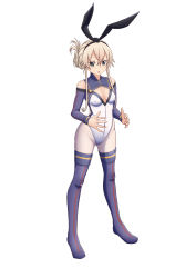 Rule 34 | 1girl, absurdres, alternate costume, alternate hairstyle, black hairband, blonde hair, blue thighhighs, breasts, cleavage, covered erect nipples, folded ponytail, grey eyes, hairband, highres, kantai collection, leotard, long hair, moke ro, pantyhose, rx-78-2, shimakaze (kancolle), simple background, small breasts, standing, thighhighs, white background, white leotard, white pantyhose, white thighhighs