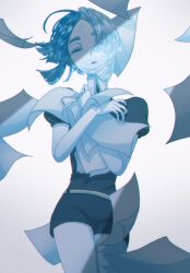 Rule 34 | 1other, ahoge, androgynous, bare arms, belt, black necktie, blue eyes, blue hair, blue theme, commentary, cowboy shot, crystal hair, euclase (houseki no kuni), flying paper, gem uniform (houseki no kuni), hair over one eye, half-closed eyes, hands up, head tilt, highres, holding, holding paper, houseki no kuni, looking at viewer, multicolored hair, necktie, other focus, paper, parted lips, puffy short sleeves, puffy sleeves, shade, short hair, short sleeves, shorts, simple background, solo, split-color hair, translucent hair, two-tone hair, white background, white hair, yagi hara