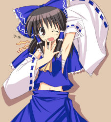 Rule 34 | 1girl, alternate color, arm up, armpits, black hair, bow, brown background, brown eyes, colorized, detached sleeves, exif thumbnail surprise, female focus, hair bow, hair tubes, hakurei reimu, hoshi umi, immaterial and missing power, japanese clothes, long hair, looking at viewer, midriff, miko, navel, one eye closed, open mouth, sarashi, shadow, simple background, skirt, skirt set, solo, standing, tears, touhou, wink, yawning