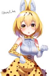 Rule 34 | 10s, 1girl, animal ears, animal print, artist name, bare shoulders, blonde hair, blush, bow, breasts, cat ears, cat girl, cat tail, elbow gloves, female focus, gloves, henet hene, kemono friends, large breasts, looking at viewer, open mouth, serval (kemono friends), serval print, serval tail, shirt, short hair, simple background, skirt, sleeveless, sleeveless shirt, solo, standing, tail, white background, white shirt, yellow eyes