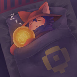 Rule 34 | 1other, animal ears, animal hat, bed, bed sheet, blue hair, blue scarf, blush, brown headwear, brown tunic, cat ears, cat hat, haippp, hat, highres, light bulb, long sleeves, niko (oneshot), on bed, oneshot (game), pillow, scarf, sleeping, zzz