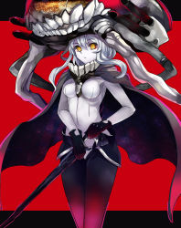 Rule 34 | 10s, 1girl, abyssal ship, ashita (2010), bad id, bad pixiv id, bodysuit, breasts, cape, eyeshadow, gloves, highres, kantai collection, looking at viewer, makeup, monster, pale skin, personification, red background, ringed eyes, silver hair, solo, wand, wo-class aircraft carrier, yellow eyes