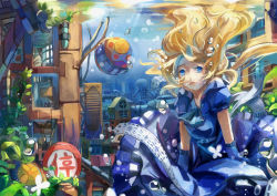 Rule 34 | 1girl, air bubble, blonde hair, blue eyes, breath, bubble, building, cityscape, dlkdhy, dress, floating hair, flower, lantern, long hair, open mouth, original, solo, submerged, sunlight, underwater