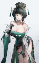 Rule 34 | 1girl, absurdres, bare shoulders, black gloves, black hair, blunt bangs, breasts, brown eyes, cleavage, commentary request, cowboy shot, dress, gloves, green dress, grey background, grin, hair ornament, hair stick, hanying (punishing: gray raven), highres, jewelry, large breasts, leaning forward, long sleeves, looking at viewer, necklace, off-shoulder dress, off shoulder, punishing: gray raven, short hair, simple background, smile, solo, standing, thighs, yuuki mix