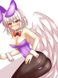Rule 34 | 1girl, aisa (micuma), animal ears, ass, breasts, cameltoe, cleavage, detached collar, highres, kishin sagume, large breasts, leotard, pantyhose, playboy bunny, rabbit ears, rabbit tail, red eyes, silver hair, single wing, solo, tail, touhou, wings