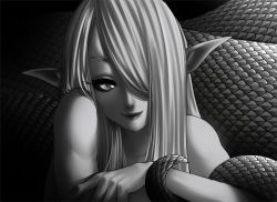 Rule 34 | 1girl, apophis (monster girl encyclopedia), black sclera, closed mouth, colored sclera, completely nude, greyscale, hair over one eye, highres, lamia, loen, looking at viewer, monochrome, monster girl, monster girl encyclopedia, nude, one eye covered, pointy ears, slit pupils, smile, solo