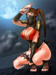 Rule 34 | 1girl, arm guards, armor, black panties, blunt bangs, bow, braid, breasts, brown hair, cleavage, commentary request, curvy, fox mask, highres, hip focus, japanese clothes, katana, kimono, kunai, large breasts, mask, moon, mouth mask, night, night sky, ninja, ninja mask, obi, on roof, original, panties, pelvic curtain, ponytail, red bow, rooftop, sash, shin guards, short kimono, shoulder armor, side braids, sky, slippers, smile, solo, squatting, sword, sword behind back, tabi, thigh strap, thighs, thong, trickster (death combo), underwear, weapon, yellow eyes