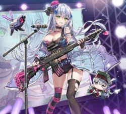 Rule 34 | 2girls, alternate costume, assault rifle, asymmetrical legwear, breasts, chibi, commentary request, concert, dinergate (girls&#039; frontline), floral print, g11 (girls&#039; frontline), girls&#039; frontline, glowstick, green eyes, guitar, gun, h&amp;k hk416, highres, hk416 (girls&#039; frontline), hyoin, instrument, large breasts, long hair, microphone, microphone stand, multiple girls, music, nail polish, navel, playing instrument, rifle, rose print, scope, short shorts, shorts, silver hair, uneven legwear, weapon