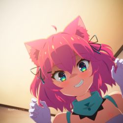 Rule 34 | absurdres, ahoge, animal ear fluff, animal ears, anime onegai, aqua eyes, backlighting, bare shoulders, blush, cat ears, commentary, evil grin, evil smile, fang, from below, gloves, grin, hair between eyes, hair ornament, hair ribbon, hairclip, hands up, highres, indoors, light, mascot, neck warmer, neckwear request, nyami g, patrick fche, pink hair, ribbon, room, shaded face, short hair, signature, smile, smirk, smug, spanish commentary, teeth, twitter username, white gloves