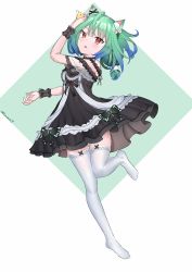 Rule 34 | 1girl, absurdres, animal ears, breasts, cat ears, colored tips, dress, frills, green hair, highres, hitagi otonashi, hololive, looking at viewer, multicolored hair, red eyes, see-through, short hair, skirt, small breasts, solo, thighhighs, thighs, uruha rushia, uruha rushia (3rd costume), virtual youtuber