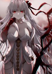 Rule 34 | 1girl, armlet, bare shoulders, belly chain, blush, body markings, bracelet, breasts, cleavage, collarbone, colored skin, dress, durga (fate), earrings, facial mark, fate/grand order, fate (series), forehead mark, gradient skin, grey hair, hair ribbon, highres, jewelry, kino kokko, large breasts, long hair, looking at viewer, pelvic curtain, red eyes, red skin, revealing clothes, ribbon, sash, snake, solo, thighs, very long hair, weapon, white dress