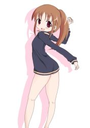 Rule 34 | 1girl, ass, bare legs, female focus, jacket, long sleeves, naked jacket, saki (manga), simple background, solo, takakamo shizuno, track jacket, white background