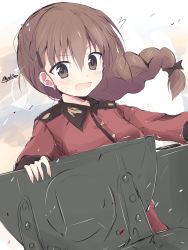 Rule 34 | 1girl, bad id, bad twitter id, black ribbon, blush, braid, brown eyes, brown hair, commentary, dutch angle, flying sweatdrops, frown, getsumen suibaku ver. a(c), girls und panzer, hair over shoulder, hair ribbon, highres, jacket, long hair, looking at viewer, military, military uniform, one-hour drawing challenge, open mouth, red jacket, ribbon, rukuriri (girls und panzer), single braid, solo, st. gloriana&#039;s military uniform, sweatdrop, tank cupola, twitter username, uniform, wind