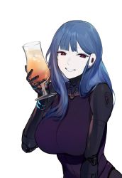 Rule 34 | 1girl, blue hair, breasts, cup, drinking glass, duoyuanjun, highres, holding, kira miki, large breasts, long hair, looking at viewer, red eyes, simple background, smile, solo, teeth, upper body, va-11 hall-a, white background