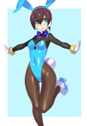 Rule 34 | 1girl, aile (mega man zx), android, animal ears, bad id, bad twitter id, black hair, blue bodysuit, blue footwear, blue hairband, blue leotard, blue necktie, blush, bodysuit, bracelet, breasts, brown hair, cleavage, covered navel, detached collar, fake animal ears, foot out of frame, frown, gloves, green eyes, groin, hair between eyes, hairband, jewelry, leg up, leotard, medium breasts, mega man (series), mega man zx, narrow waist, necktie, open mouth, pantyhose, playboy bunny, rabbit ears, robot ears, short hair, solo, standing, strapless, strapless leotard, ukimukai, white gloves, wrist cuffs