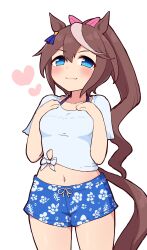 Rule 34 | 1girl, animal ears, blue eyes, blue shorts, blush, bow, breasts, brown hair, closed mouth, commentary request, cowboy shot, ear ornament, floral print, gaze on me! outfit (umamusume), hair between eyes, hair bow, heart, highres, horse ears, horse girl, horse tail, long hair, looking at viewer, midriff, multicolored hair, navel, pink bow, ponytail, shirt, short sleeves, shorts, simoyuki, simple background, small breasts, smile, solo, streaked hair, tail, tied shirt, tokai teio (umamusume), umamusume, white background, white hair, white shirt