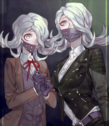 Rule 34 | 2girls, black gloves, blazer, commentary request, constricted pupils, covered mouth, danganronpa (series), danganronpa 3 (anime), dual persona, flipped hair, gloves, hair over one eye, hope&#039;s peak academy school uniform, jacket, kimura seiko, long hair, looking at viewer, mask, mouth mask, multiple girls, sara (kurome1127), school uniform, surgical mask, time paradox, aged down