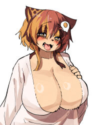 Rule 34 | 1girl, animal ears, animal nose, bags under eyes, blush, body fur, breasts, brown hair, cleavage, egg hair ornament, food-themed hair ornament, hair between eyes, hair ornament, highres, huge breasts, kagarimachi konatsu, looking at viewer, multicolored hair, nekotsuki kohime (kagarimachi konatsu), open mouth, original, simple background, solo, tareme, upper body, white background, yellow eyes