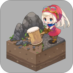 Rule 34 | 1girl, blonde hair, blue eyes, blush stickers, boots, brown footwear, brown gloves, chibi, dragon quest, dragon quest builders, female builder (dqb), full body, gloves, goggles, goggles on head, grass, grey background, hammer, happy, hat, heroine (dqb), isometric, mallet, open mouth, ponytail, puti devil, rock, simple background, smile, solo, standing, swept bangs
