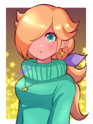 Rule 34 | 1girl, alternate costume, blonde hair, blue eyes, blue sweater, earrings, eyelashes, hair over one eye, highres, jewelry, long hair, looking at viewer, mario (series), nintendo, nonoworks, parted lips, rosalina, signature, solo, star (symbol), star earrings, super mario galaxy, sweater, upper body