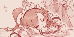 Rule 34 | 1girl, 1other, ahoge, ambiguous gender, arm pillow, asymmetrical bangs, behind another, blanket, blue archive, braid, closed eyes, closed mouth, covering with blanket, dot mouth, head out of frame, holding, holding blanket, huge ahoge, jacket, long sleeves, lowres, maibotsumou, maid headdress, mole, mole under eye, monochrome, neru (blue archive), oekaki, outstretched arm, plaid blanket, pun, red theme, short eyebrows, side braid, simple background, sleeping, sleeping on desk, sukajan, translation request, upper body