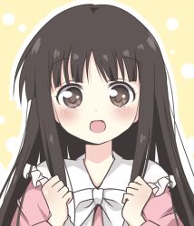 Rule 34 | 1girl, blunt bangs, blush, bow, bowtie, brown eyes, brown hair, clenched hands, frills, hime cut, houraisan kaguya, long hair, long sleeves, looking at viewer, multicolored hair, sidelocks, solo, straight hair, streaked hair, tareme, touhou, upper body, usagi koushaku, white bow, white bowtie, yellow background