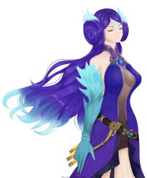 Rule 34 | 1girl, bad id, bad twitter id, bare shoulders, blue fire, breasts, brighid (xenoblade), center opening, chest jewel, closed eyes, cowboy shot, dani3lll3, dress, elbow gloves, fiery hair, fire, gloves, highres, long hair, medium breasts, nintendo, purple dress, purple hair, see-through, short dress, solo, xenoblade chronicles (series), xenoblade chronicles 2