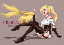Rule 34 | 10s, bare shoulders, blonde hair, blue eyes, blush, boots, braid, carbuncle (final fantasy), corset, earrings, elbow gloves, final fantasy, final fantasy xiv, fingerless gloves, garter straps, gloves, heart, highres, hyur, jewelry, kuro pyon, open mouth, panties, pantyshot, ponytail, puffy sleeves, sitting, spoken heart, square enix, thigh boots, thighhighs, underwear, warrior of light (ff14)