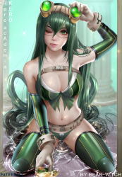 Rule 34 | 1girl, :p, absurdres, adapted costume, adjusting eyewear, animal, arm up, armpits, artist name, asui tsuyu, bearwitch, belt, bikini, boku no hero academia, breasts, cleavage, copyright name, crown, elbow gloves, facepaint, frog, gloves, goggles, goggles on head, green bikini, green eyes, green hair, green ribbon, hair between eyes, hair rings, highres, kneeling, large breasts, lips, long hair, looking at viewer, mole, mole on breast, parted lips, pillar, ribbon, ripples, shallow water, smile, solo, swimsuit, tongue, tongue out, very long hair, water, water drop, wet, white gloves