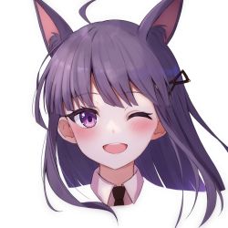 Rule 34 | 1girl, ;d, ahoge, animal ear fluff, animal ears, black necktie, blush, cat ears, floating hair, hair ornament, kasumi (princess connect!), long hair, looking at viewer, necktie, one eye closed, open mouth, portrait, princess connect!, purple eyes, purple hair, sazamiso rx, smile, solo, white background, wing collar