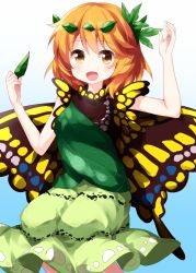 Rule 34 | 1girl, aki shizuha, arms up, blue background, butterfly wings, cosplay, cowboy shot, dress, eternity larva, eternity larva (cosplay), gradient background, green dress, green skirt, hair ornament, highres, holding, holding leaf, insect wings, leaf, leaf hair ornament, leaf on head, looking at viewer, medium hair, open mouth, orange eyes, orange hair, ruu (tksymkw), short sleeves, single strap, skirt, smile, solo, touhou, wings, yellow wings