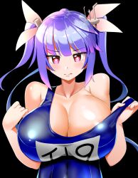 Rule 34 | 1girl, alternate breast size, black background, blue hair, blue one-piece swimsuit, breasts, cleavage, covered navel, hair ornament, hair ribbon, honda takaharu, huge breasts, i-19 (kancolle), kantai collection, looking at viewer, multicolored hair, off shoulder, one-piece swimsuit, purple eyes, ribbon, school swimsuit, simple background, smile, solo, star (symbol), star in eye, swimsuit, symbol in eye, twintails day, two-tone hair, two side up, undressing, upper body
