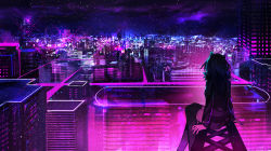 Rule 34 | 1girl, absurdres, animal ears, arm support, black hair, black thighhighs, building, cat ears, cityscape, colorful, commentary, english commentary, facing away, fake animal ears, feet out of frame, highres, huge filesize, long sleeves, neon trim, night, night sky, original, outdoors, purple shirt, purple shorts, shirt, short shorts, shorts, sitting, sky, skyscraper, sleeves past wrists, solo, tarbo (exxxpiation), thighhighs