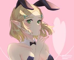 Rule 34 | 1girl, animal ears, artist name, bare shoulders, black bow, black bowtie, blush, bow, bowtie, braid, breasts, cleavage, detached collar, fake animal ears, green eyes, hair ornament, hairclip, hand up, heart, highres, index finger raised, large breasts, leotard, nintendo, parted bangs, pink background, playboy bunny, portrait, princess zelda, rabbit ears, seri (yuukasakura), short hair, solo, the legend of zelda, the legend of zelda: tears of the kingdom, translation request, watermark