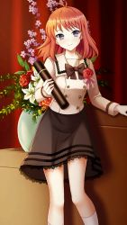 Rule 34 | 1girl, antenna hair, black neckwear, black skirt, closed mouth, doukyuusei another world, earrings, flower, game cg, holding, indoors, jewelry, kakyuusei, long hair, long sleeves, looking at viewer, miniskirt, official art, pink ribbon, purple eyes, red flower, red hair, ribbon, skirt, smile, solo, standing, tachibana mayumi, white flower