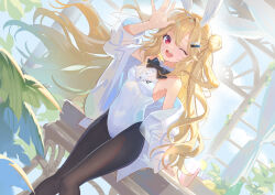 Rule 34 | 1girl, animal ears, black bow, black bowtie, black pantyhose, blonde hair, bow, bowtie, breasts, butyou (mika1412), commentary, covered navel, double bun, echocalypse, eriri (echocalypse), feet out of frame, hair bun, hair ornament, hairclip, hand up, highres, jacket, jacket partially removed, leotard, long hair, looking at viewer, one eye closed, open clothes, open jacket, open mouth, pantyhose, plant, playboy bunny, rabbit ears, rabbit girl, red eyes, resolution mismatch, sidelocks, small breasts, smile, solo, source larger, teeth, upper teeth only, very long hair, white jacket, white leotard