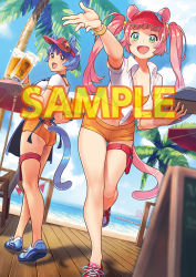 Rule 34 | 2girls, alcohol, animal ears, aqua eyes, ass, beach, beer, beer mug, blue footwear, blue hair, blue sky, blurry, blurry foreground, blush, bracelet, breasts, chair, character request, cleavage, cloud, cloudy sky, collared shirt, copyright request, cup, day, depth of field, drink, dutch angle, fangs, green eyes, hamashima shigeo, holding, holding cup, holding tray, horizon, jewelry, kneepits, long hair, mug, multiple girls, navel, ocean, open mouth, orange eyes, orange shorts, outdoors, outstretched arm, palm tree, palms, pink hair, railing, reaching, reaching towards viewer, sample watermark, shirt, shoes, shore, short shorts, shorts, sky, smile, sneakers, spilling, standing, tail, thigh strap, tied shirt, tray, tree, twintails, umbrella, visor cap, waitress, watermark, waving