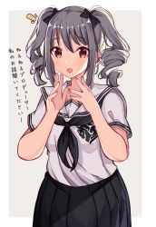 Rule 34 | 1girl, :d, absurdres, black bow, black neckerchief, black skirt, blush, bow, commentary request, drill hair, fingernails, grey background, hair between eyes, hair bow, hands up, highres, idolmaster, idolmaster cinderella girls, kanzaki ranko, looking at viewer, neckerchief, norazura, open mouth, pleated skirt, red eyes, sailor collar, school uniform, serafuku, shirt, short sleeves, sidelocks, skirt, smile, solo, translation request, twin drills, twintails, two-tone background, white background, white sailor collar, white shirt