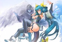 Rule 34 | 1girl, absurdres, angel wings, arm up, armpits, ass, asymmetrical wings, belt, black thighhighs, blue hair, breasts, choker, cleavage, closed mouth, clothing cutout, detached sleeves, dizzy (guilty gear), expressionless, glowing, glowing eye, green eyes, guilty gear, guilty gear xrd, hair rings, high heels, highres, large breasts, letro, long hair, mature female, monster girl, necro (guilty gear), red eyes, revision, ribbon, shiny skin, sidelocks, simple background, solo, tail, tail ornament, tail ribbon, thigh strap, thighhighs, thighs, twintails, undine (guilty gear), white background, wings