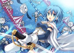 Rule 34 | 10s, 1girl, armband, blue eyes, blue hair, cape, daniyyel+jennifer, gloves, h.n.elly (kirsten), halo, looking at viewer, magical girl, mahou shoujo madoka magica, mahou shoujo madoka magica (anime), matching hair/eyes, miki sayaka, open mouth, peach88, short hair, solo, sue keruna, sword, thighhighs, weapon, wings, witch&#039;s labyrinth