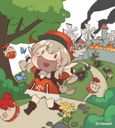 Rule 34 | 1girl, :d, absurdres, ahoge, backpack, bag, bag charm, boots, brown footwear, brown gloves, brown scarf, bug, bush, butterfly, cabbie hat, castle, charm (object), cheocart, chibi, clover print, coat, commentary, dodoco (genshin impact), english commentary, explosive, fire, genshin impact, gloves, hair between eyes, hat, heart, heart in mouth, highres, hilichurl (genshin impact), insect, jumpy dumpty, klee (genshin impact), knee boots, light brown hair, long hair, long sleeves, looking at viewer, low twintails, open mouth, outstretched arms, pointy ears, randoseru, red coat, red headwear, running, scarf, sidelocks, simple background, sketch, skyline, smile, smoke, spread arms, stuffed animal, stuffed toy, tree, twintails, twitter username, white background