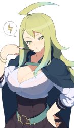 Rule 34 | 1girl, accio, ahoge, bad id, bad pixiv id, belt, bra, bra visible through clothes, bracelet, breasts, cape, cleavage, green eyes, green hair, hair ornament, jewelry, large breasts, lightning bolt symbol, long hair, matching hair/eyes, nail polish, original, pursed lips, see-through, solo, thunderer (accho), underwear, wand