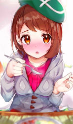 Rule 34 | 1girl, :o, blurry, blush, breasts, brown eyes, brown hair, coat, collarbone, commentary request, creatures (company), depth of field, game freak, gloria (pokemon), green hat, grey coat, hat, highres, holding, holding spoon, hood, hood down, hooded coat, long sleeves, looking at viewer, medium breasts, nintendo, nose blush, parted lips, pokemon, pokemon swsh, rouka (akatyann), short hair, sitting, solo, sparkle, spoon, swept bangs, table, tam o&#039; shanter, upper body