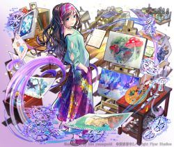 Rule 34 | blue eyes, book, book stack, bookshelf, bottle, easel, gears, indoors, kaekae, long hair, looking at viewer, notebook, official art, paint, paint tube, painting (object), palette (object), purple footwear, shoes, shoumetsu toshi 2, skirt, smile, solo, standing, table, watermark